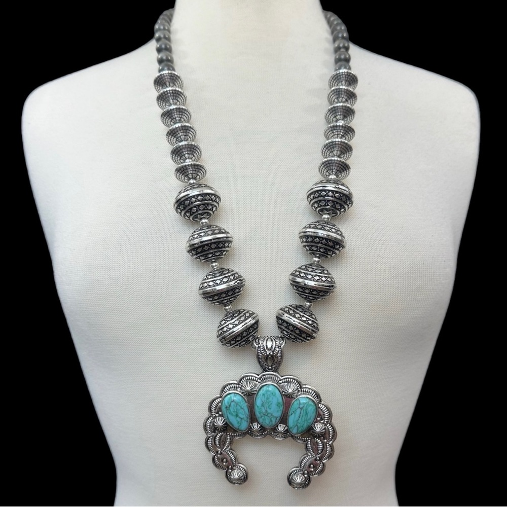 Fashion Jewelry Silver and Turquoise Statement Squash Blossom Necklace